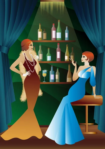 Mädchen Vintage Kleidern Regale Mit Alkohol Vintage Art Deco Stil — Stockvektor