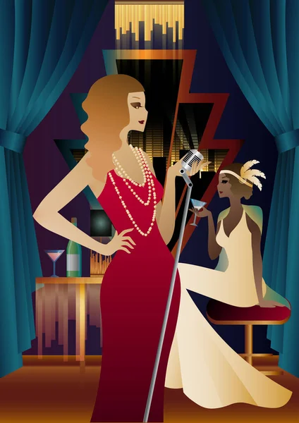 Κορίτσια Παλιά Φορέματα Παράθυρο Αλκοόλ Vintage Art Deco Style Πρόσκληση — Διανυσματικό Αρχείο
