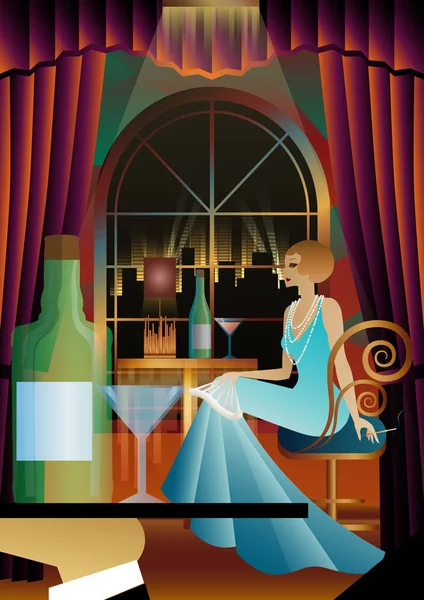 Klasik Elbiseli Kız Pencere Alkol Çki Listesi Bar Menüsü Görkemli — Stok Vektör