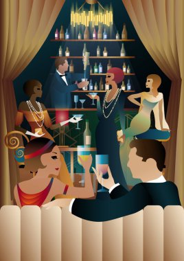 Bardaki parti, 20. yüzyılın başları tarzında. Retro parti vektör çizimi. Art Deco biçimi.