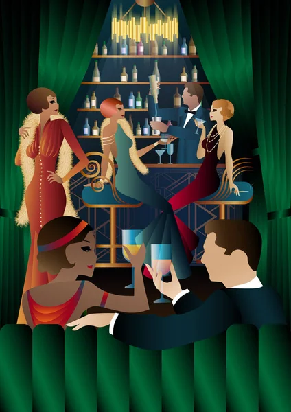 20世紀初頭のスタイルでバーでのパーティー レトロパーティーのベクトルイラスト アール デコ様式 — ストックベクタ