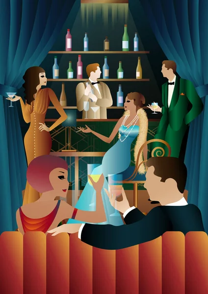 20世紀初頭のスタイルでバーでのパーティー レトロパーティーのベクトルイラスト アール デコ様式 — ストックベクタ