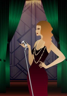 Şarkıcılar mikrofonlara şarkı söylüyor, 1920 'ler 1930' lar, art deco