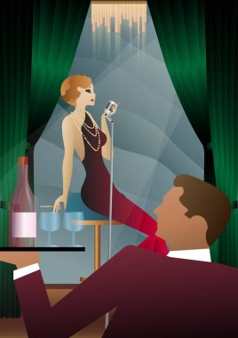 Şarkıcılar mikrofonlara şarkı söylüyor, 1920 'ler 1930' lar, art deco