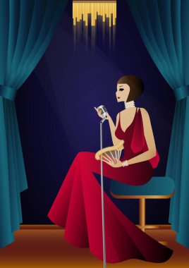 Şarkıcılar mikrofonlara şarkı söylüyor, 1920 'ler 1930' lar, art deco