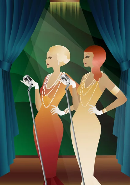 Şarkıcılar Mikrofonlara Şarkı Söylüyor 1920 Ler 1930 Lar Art Deco — Stok Vektör