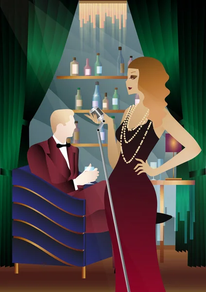 Τραγουδιστής Στο Παρασκήνιο Του Μπαρ Ράφι Αλκοόλ Art Deco — Διανυσματικό Αρχείο