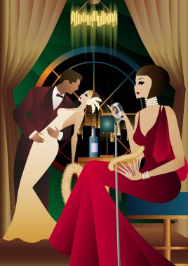 Şarkıcı ve klasik kostümler içinde dans eden birkaç kişi. 1920-1930 'ların tarzında bir Retro partisi. Vektör illüstrasyonu.