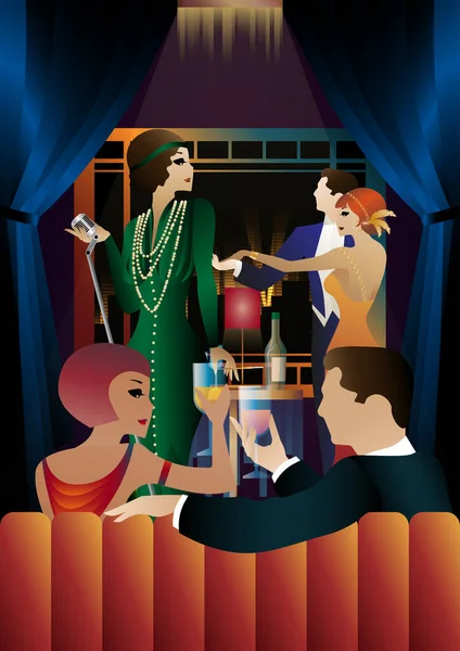 ヴィンテージの衣装で踊る歌手とカップル 1920年代から1930年代のスタイルのレトロパーティー ベクターイラスト — ストックベクタ