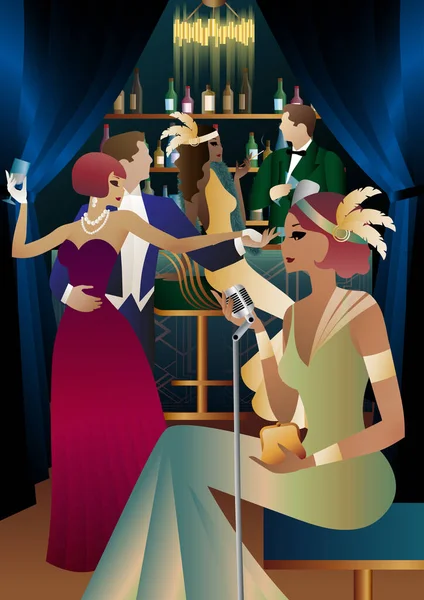 Nocny Klub Piosenkarzem Scenie Ludźmi Tańczącymi Pijącymi Alkohol Wektor Ilustracja — Wektor stockowy