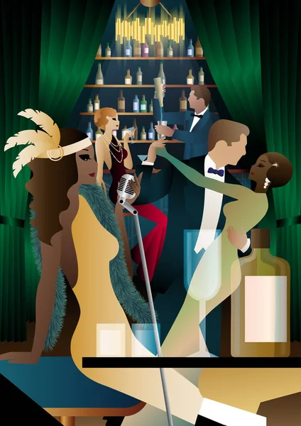 Clube Noturno Com Cantor Palco Pessoas Dançam Bebem Álcool Ilustração — Vetor de Stock