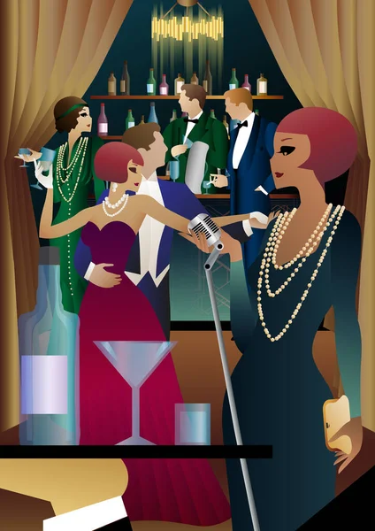 Ночной Клуб Певцом Сцене Люди Танцуют Пьют Алкоголь Векторная Иллюстрация — стоковый вектор