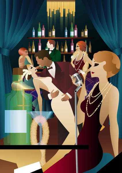 Noční Klub Zpěvákem Pódiu Lidmi Tančí Pijí Alkohol Vektorová Ilustrace — Stockový vektor