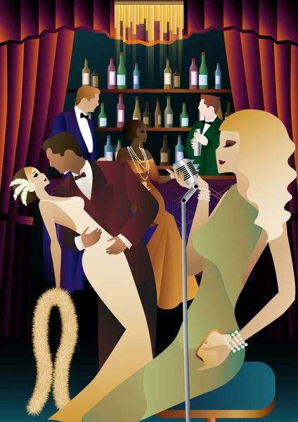 Nachtclub Met Zangeres Het Podium Mensen Dansen Drinken Alcohol Vector Rechtenvrije Stockillustraties