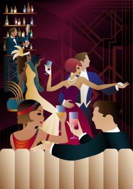 Retro tarzında bir partide birkaç dansçı. Vektör çizimi. Art Deco biçimi.