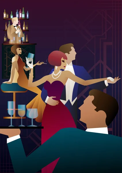Een Paar Dansers Een Feestje Retro Stijl Vectorillustratie Art Deco — Stockvector