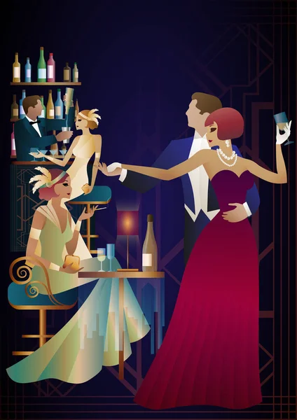Kilku Tancerzy Imprezie Stylu Retro Ilustracja Wektora Art Deco Styl — Wektor stockowy