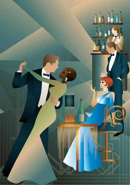 Couple Dancers Party Retro Style Vector Illustration Art Deco Style — Stock Vector