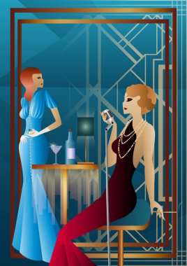 Sahnede bir şarkıcıyla gece kulübü, insanlar alkol içiyor. Sahnede bir şarkıcı ve alkolle birlikte bir kafe veya restoranda verilen canlı konserin temsili.