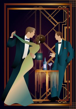 Dans eden ve içki içen insanların olduğu bir gece kulübü. Sahnede dansçılar ve alkol ile bir kafe veya restoranda dans pistinin vektör çizimi