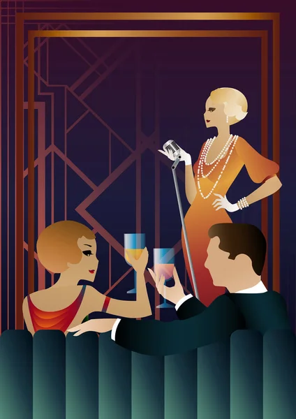 Nachtclub Met Zangeres Het Podium Mensen Drinken Alcohol Vector Illustratie — Stockvector