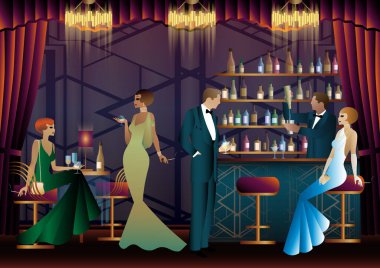 İnsanlar eğleniyor, oturup içiyor, retro parti yapıyorlar. Mutlu arkadaşlar, parti konsepti olan insanlar. Barda duran barmen.