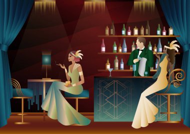 İnsanlar eğleniyor, oturup içiyor, retro parti yapıyorlar. Mutlu arkadaşlar, parti konsepti olan insanlar. Barda duran barmen.