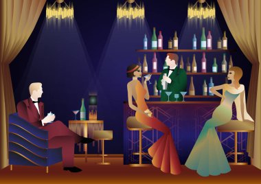 İnsanlar eğleniyor, oturup içiyor, retro parti yapıyorlar. Mutlu arkadaşlar, parti konsepti olan insanlar. Barda duran barmen.