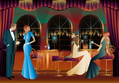 Bir restoranda kokteyl içen erkekler ve kadınlar. Art deco partisi