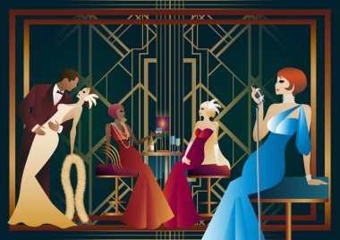 Bir restoranda kokteyl içen erkekler ve kadınlar. Art deco partisi