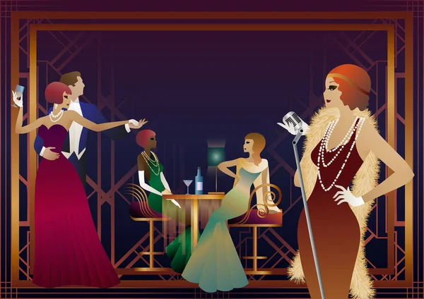 Men Women Restaurant Drinking Cocktails Art Deco Party — Stock Vector