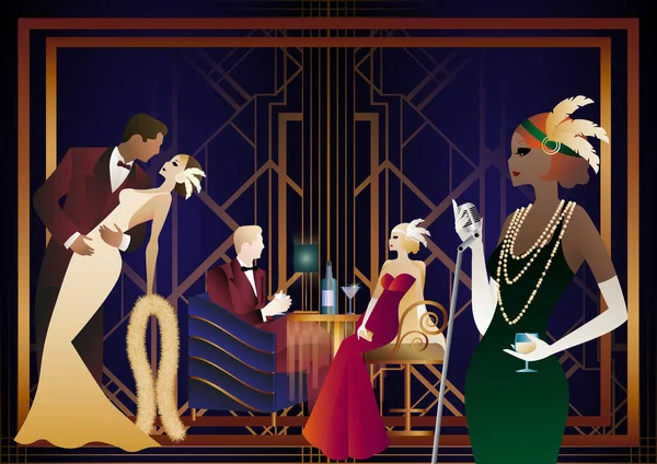 Des Hommes Des Femmes Dans Restaurant Qui Boivent Des Cocktails — Image vectorielle