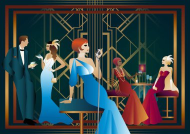 Siyah arka planda gümüş retro mikrofonla şarkı söyleyen seksi genç kız şarkıcı. Art deco partisi