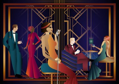 Siyah arka planda gümüş retro mikrofonla şarkı söyleyen seksi genç kız şarkıcı. Art deco partisi