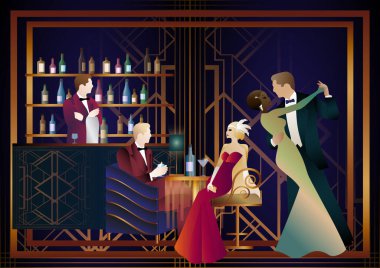 İnsanlar eğleniyor, oturuyor ve içiyor, çiftler dans ediyor. Bardaki barmen. Art Deco
