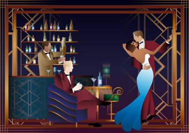 İnsanlar eğleniyor, oturuyor ve içiyor, çiftler dans ediyor. Bardaki barmen. Art Deco