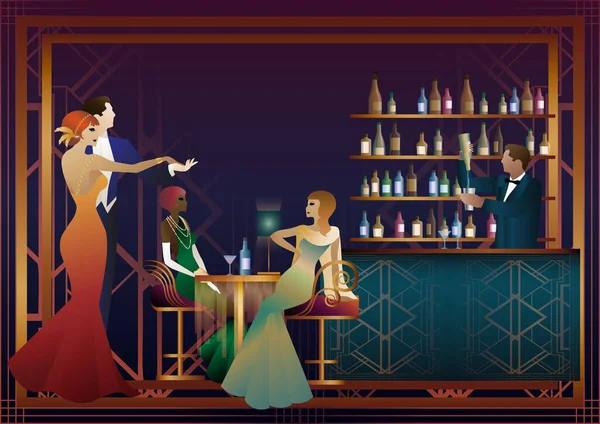 Les Gens Amusent Assoient Boivent Les Couples Dansent Barman Bar — Image vectorielle