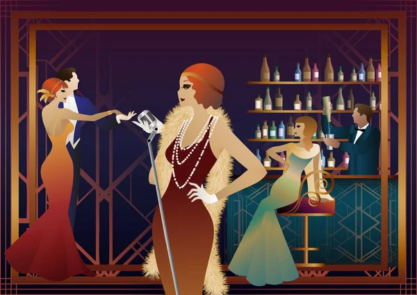 Ночной Клуб Певцом Сцене Люди Танцуют Пьют Алкоголь Векторная Иллюстрация — стоковый вектор