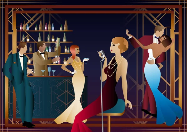 Nachtclub Met Zangeres Het Podium Mensen Dansen Drinken Alcohol Vectorillustratie — Stockvector