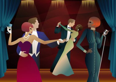 Şarkıcı ve klasik kostümler içinde dans eden birkaç kişi. 1920-1930 'ların tarzında bir Retro partisi. Vektör illüstrasyonu.