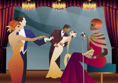 Şarkıcı ve klasik kostümler içinde dans eden birkaç kişi. 1920-1930 'ların tarzında bir Retro partisi. Vektör illüstrasyonu.