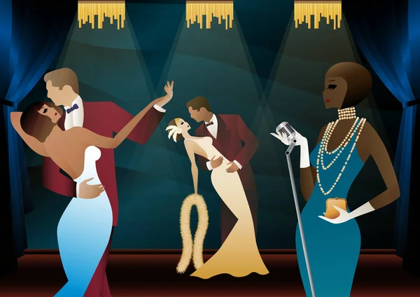 Chanteur Deux Personnes Dansant Costumes Vintage Parti Rétro Dans Style — Image vectorielle