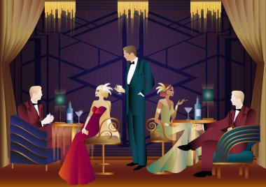 20. yüzyılın başlarında bir restorandaki insanlar. Eski parti davetiye kartı. Art deco tarzı. vektör illüstrasyonu.