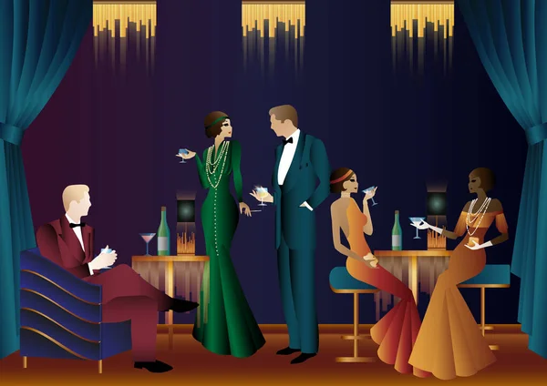 20世紀初頭のスタイルのレストランの人々 レトロパーティー招待カード アートデコスタイル ベクトルイラスト — ストックベクタ