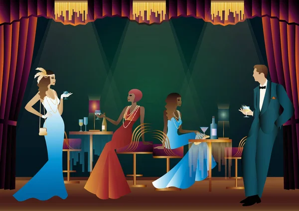 20世紀初頭のスタイルのレストランの人々 レトロパーティー招待カード アートデコスタイル ベクトルイラスト — ストックベクタ