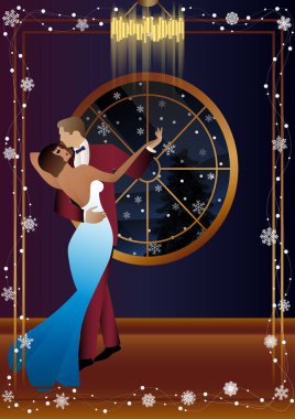 Parti zamanı. Kış penceresinin önünde birkaç dans. Tatil günü. Tatil, kış tatili, yeni yıl, Noel, yaratıcılık ve reklam kavramı