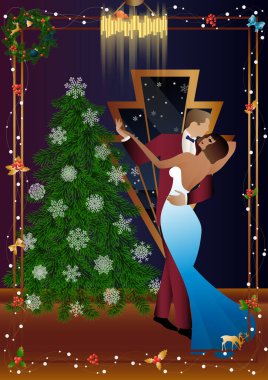 Mutlu çift Noel ağacının yanındaki yeni yıl partisinde eğleniyor. Tatil kavramı, kış tatili, yeni yıl, Noel