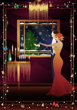 Yılbaşı, Noel partisi. Şampanya dolu bir masanın yanında, pencerenin önünde kar yağışı olan bir çift dans. Tatil kavramı, kış tatili, yeni yıl, Noel