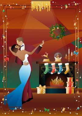Takım elbiseli bir çift şöminenin önünde dans ediyor. Yeni yıl ve Noel süslemeleri, hediyeler, atmosfer. Tatil kavramı, kış tatili, yeni yıl, Noel