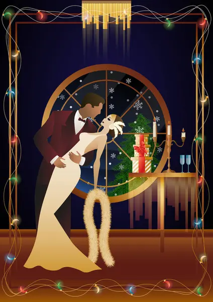 Πρωτοχρονιά Χριστουγεννιάτικο Πάρτι Ένα Ζευγάρι Χορεύει Κοντά Ένα Τραπέζι Σαμπάνια — Διανυσματικό Αρχείο